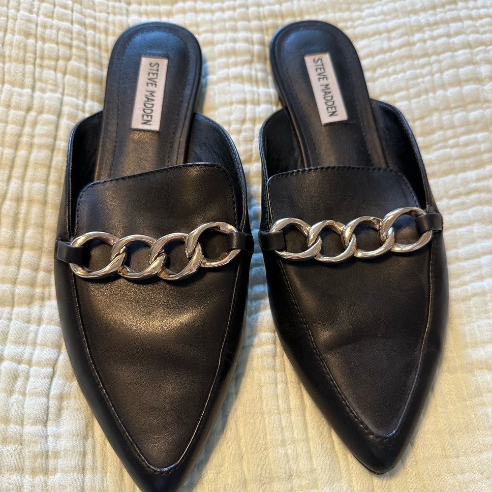 Steve Madden Black Pointed Leather Slip-On Mules with Chain Trim